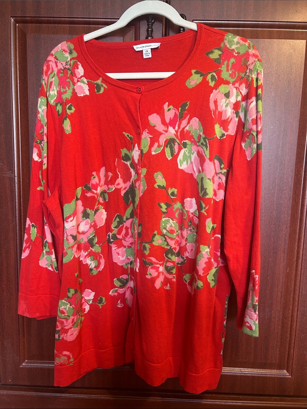 Isaac Mizrahi Red Floral Button-Front Cardigan